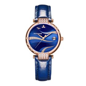 Reef Tiger Automatic Watches For Women Rose Gold Case Blue Calfskin Leather Date Diamond RGA1589-PLL