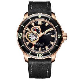 Reef Tiger Aurora Sea Wolf  Dive Sport Watches Men 200m Waterproof Watch Black Leather Strap Super Luminous Watch RGA3039