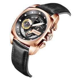 Reef Tiger Aurora Formula Race Chronograph Black Dial Rose Gold Leather Strap Multifunctional Quartz Watches RGA3363