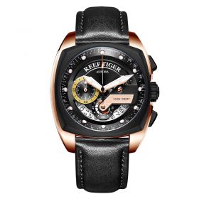 Reef Tiger Aurora Formula Race Chronograph Black Dial Rose Gold Leather Strap Multifunctional Quartz Watches RGA3363-PBBB