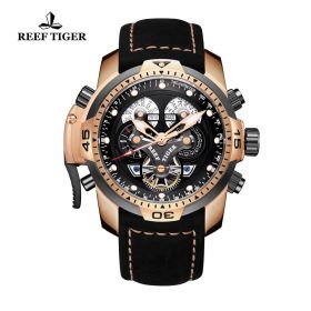 Reef Tiger/RT Military Watches for Men Genuine Brown Leather Strap Rose Gold Automatic Wrist Watch RGA3503-PBBLB