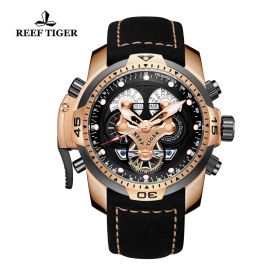 Reef Tiger/RT Military Watches for Men Genuine Brown Leather Strap Rose Gold Automatic Wrist Watch RGA3503-PBBLG