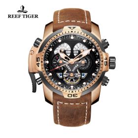 Reef Tiger/RT Military Watches for Men Genuine Brown Leather Strap Rose Gold Automatic Wrist Watch RGA3503-PBSB