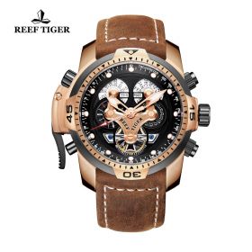 Reef Tiger/RT Military Watches for Men Genuine Brown Leather Strap Rose Gold Automatic Wrist Watch RGA3503