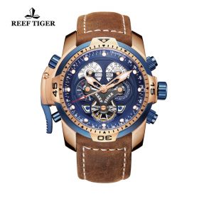 Reef Tiger/RT Military Watches for Men Genuine Brown Leather Strap Rose Gold Automatic Wrist Watch RGA3503-PLSB