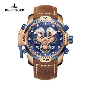 Reef Tiger/RT Military Watches for Men Genuine Brown Leather Strap Rose Gold Automatic Wrist Watch RGA3503-PLSG