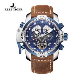 Reef Tiger/RT Luxury Brand Blue Military Watch Men Leather Strap Steel Automatic Watch Waterproof Relogio Masculino RGA3503-YBSB