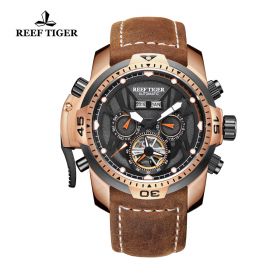 Reef Tiger/RT Mens Sport Watches Genuine Black Leather Strap Complicated Dial Rose Gold Automatic Watches RGA3532PBRO