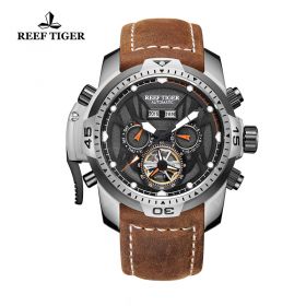Reef Tiger/RT Gent Sport Watches with Complicated Dial Multi-functional Automatic Calfskin Strap Watch RGA3532YBRO