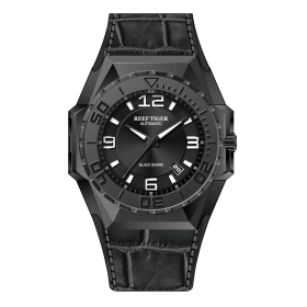 Reef Tiger Men Sports Watches All Black Automatic Mechanical Watch Military Watches Leather Strap Relogio Masculino RGA6903
