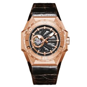 Reef Tiger Men Sports Watches Dive Rose Gold Automatic Mechanical skeleton Watches Leather Strap RGA6903-S