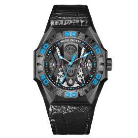 Reef Tiger Limited Watch Men Automatic Mechanical All Black Skeleton Waterproof Leather Strap Relogio Masculino RGA6912