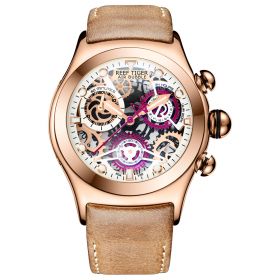 Reef Tiger Aurora Big Bang Skeleton Sport Watches for Men Rose Gold Luminous Quartz Watches Genuine Leather Strap RGA792-PWBS