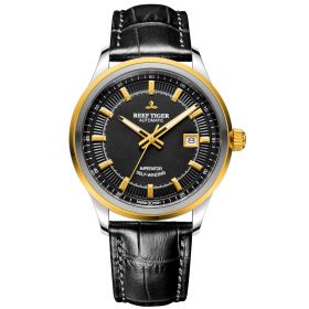 Reef Tiger Classic Imperator Steel/Yellow Gold Black Dial Leather Strap Mechanical Automatic Watches RGA8015