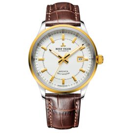 Reef Tiger Classic Imperator Steel/Yellow Gold Brown Leather Strap White Dial Mechanical Automatic Watches RGA8015