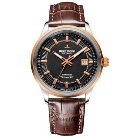 Reef Tiger Classic Imperator Black Dial Steel/Rose Gold Leather Strap Mechanical Automatic Watches RGA8015
