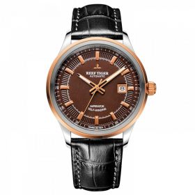 Reef Tiger Classic Imperator Steel/Rose Gold Brown Dial Leather Strap Mechanical Automatic Watches RGA8015
