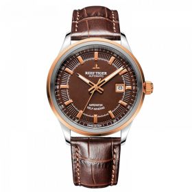 Reef Tiger Classic Imperator Steel/Rose Gold Black Dial Leather Strap Mechanical Automatic Watches RGA8015