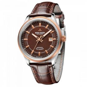 Reef Tiger Classic Imperator Steel/Rose Gold Black Dial Leather Strap Mechanical Automatic Watches RGA8015