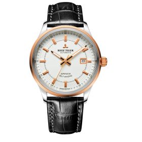 Reef Tiger Classic Imperator Rose Gold White Dial Leather Strap Mechanical Automatic Watches RGA8015