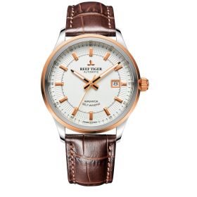 Reef Tiger Classic Imperator White Dial And Rose Gold Leather Strap Mechanical Automatic Watches RGA8015