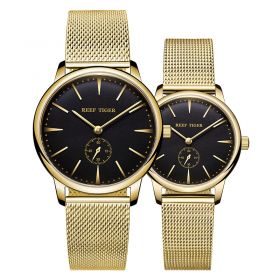 Reef Tiger Classic Vintage Couple Watch Yellow Gold Black Dial Quartz Watches RGA820