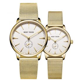 Reef Tiger Classic Vintage Couple Watch Yellow Gold White Dial Quartz Watches RGA820