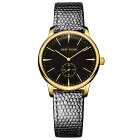 Reef Tiger Couple Watches for Women Ultra Thin Black Dial Yellow Gold Leather Strap Watch RGA820