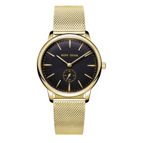 Reef Tiger Luxury Vintage Couple Watches for Men Ultra Thin Yellow Gold Black Dial Analog Watch RGA820