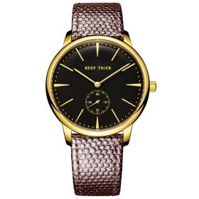 Reef Tiger Couple Watches for Men Ultra Thin Yellow Gold Black Dial Leather Strap Watch RGA820