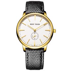 Reef Tiger Couple Watches for Men Ultra Thin Yellow Gold White Dial Leather Strap Watch RGA820