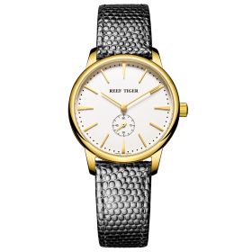 Reef Tiger Couple Watches for Women Ultra Thin Yellow Gold White Dial Leather Strap Watch RGA820