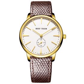 Reef Tiger Couple Watches for Men Ultra Thin White Dial Yellow Gold Leather Strap Watch RGA820
