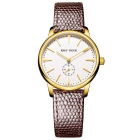 Reef Tiger Couple Watches for Women Ultra Thin White Dial Yellow Gold Leather Strap Watch RGA820