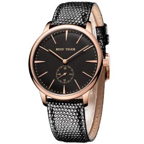Reef Tiger Couple Watches for Men Ultra Thin Rose Gold Black Dial Leather Strap Watch RGA820