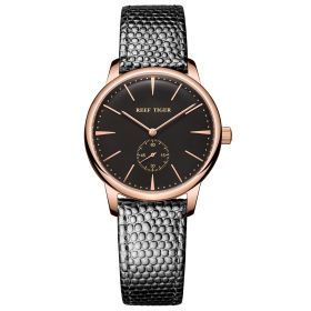 Reef Tiger Couple Watches for Women Ultra Thin Rose Gold Black Dial Leather Strap Watch RGA820