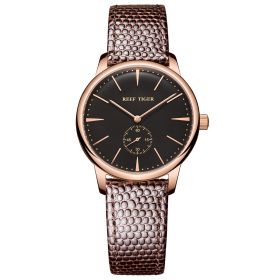 Reef Tiger Couple Watches for Women Ultra Thin Black Dial Rose Gold Leather Strap Watch RGA820