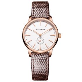 Reef Tiger Couple Watches for Women Ultra Thin White Dial Rose Gold Leather Strap Watch RGA820