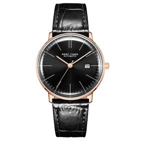 Reef Tiger Classic Legend Ultra Thin Rose Gold Black Dial Leather Strap Automatic Watches RGA8215-PBB