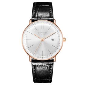 Reef Tiger Classic Legend Ultra Thin Rose Gold Black Dial Leather Strap Automatic Watches RGA8215-PWB