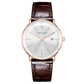 Reef Tiger Classic Legend Ultra Thin Rose Gold Black Dial Leather Strap Automatic Watches RGA8215-PWS