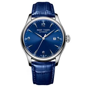 Reef Tiger Classic Heritage Blue Dial Steel Calfskin Leather Strap Mechanical Automatic Watches RGA823