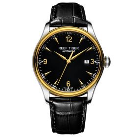Reef Tiger Classic Heritage Black Dial Yellow Gold Calfskin Leather Strap Mechanical Automatic Watches RGA823