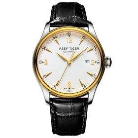 Reef Tiger Classic Heritage Yellow Gold White Dial Calfskin Leather Strap Mechanical Automatic Watches RGA823