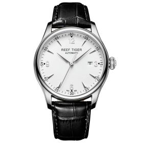 Reef Tiger Classic Heritage White Dial Calfskin Leather Strap Steel Mechanical Automatic Watches RGA823