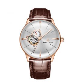 Reef Tiger Classic Glory White Dial Rose Gold Tourbillon Mechanical Watches RGA8239-PWB