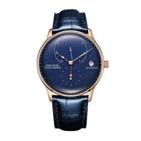 Reef Tiger Seattle Navy Full Rose Gold Blue Dial Leather Strap Power Reserve Automatic Watches RGA82B0-2