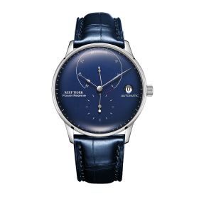 Reef Tiger Seattle Navy Full Steel Blue Dial Leather Strap Power Reserve Automatic Watches RGA82B0-2