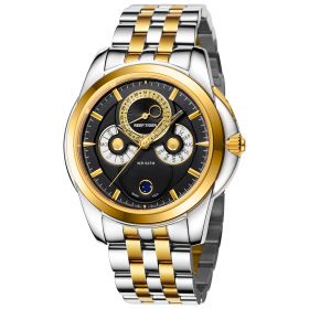 Reef Tiger Classic Time-Matic Casual Mens Watch with Moonphase Date Calendar Yellow Gold Steel Black Dial Watches RGA830