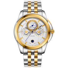 Reef Tiger Classic Time-Matic Casual Mens Watch with Moonphase Date Calendar Yellow Gold Steel White Dial Watches RGA830